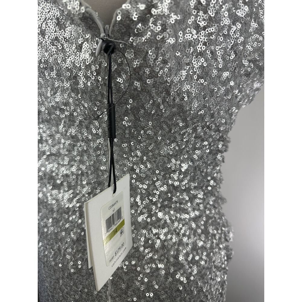 NWT Calvin Klein Sequin Ruched Sheath Shift Dress Silver Pleated Bodycon Size 14 - Picture 15 of 16